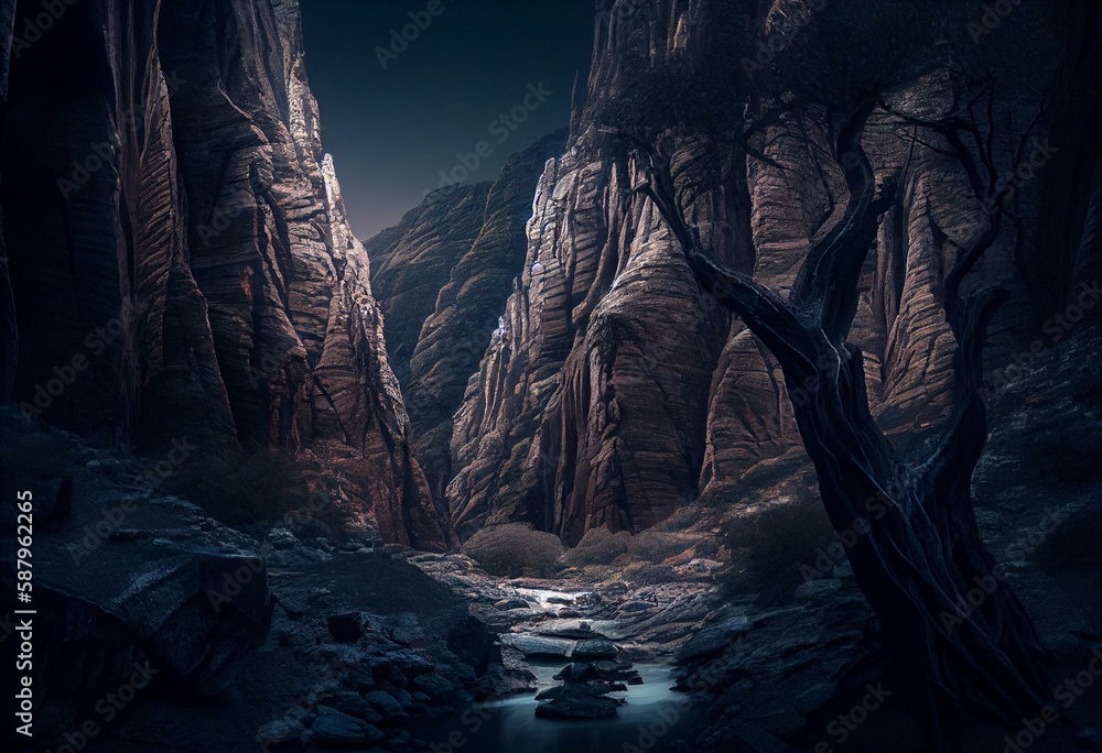 Dark deep narrow canyon steep mountains of black rocks, dead