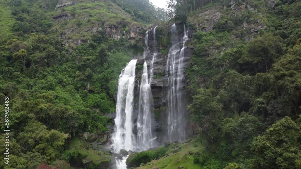 Aerial view of Nuwara Eliya bomburu ella, waterfall in the forest Aerial view of Nuwara Eliya bomburu ella, waterfall in the forest