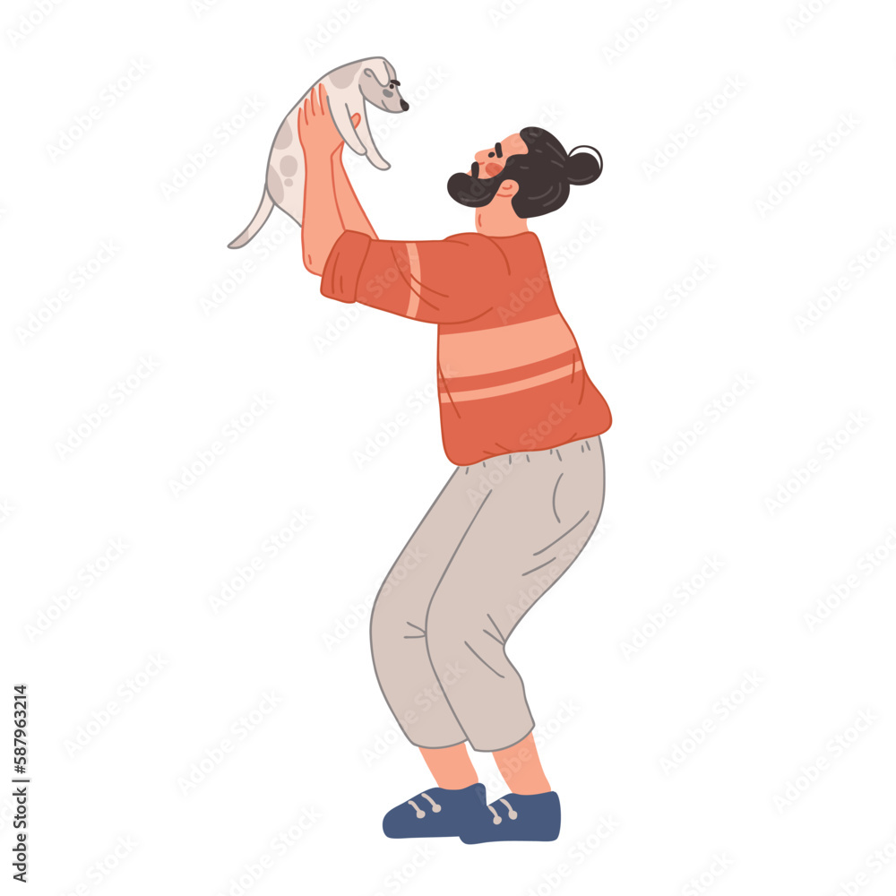 A happy man holds a white puppy. The guy smiles at the funny dog. Isolated illustration A happy man holds a white puppy. The guy smiles at the funny dog. Isolated illustration