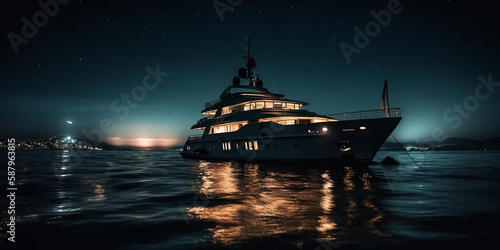Yacht on the sea at night wide angle Generated AI