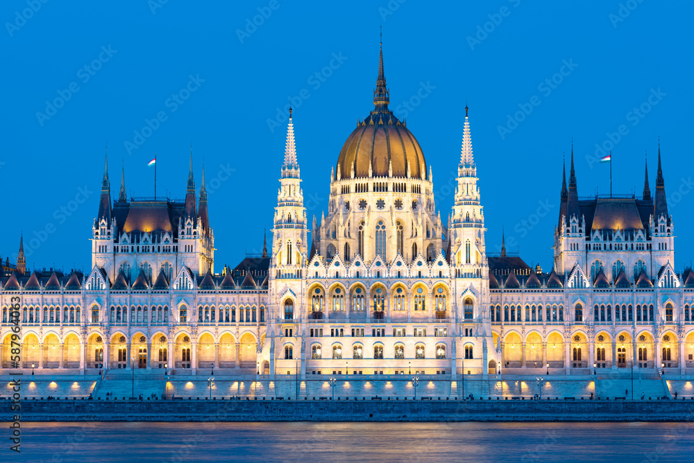 The famous parliament building in Budapest is impressively illuminated in the evening