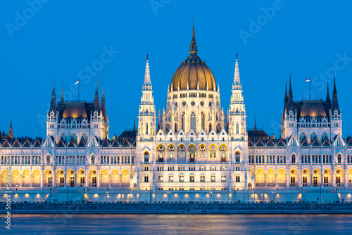 The famous parliament building in Budapest is impressively illuminated in the evening