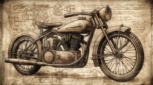 Fotografija Retro style motorcycle design drawings Generative AI