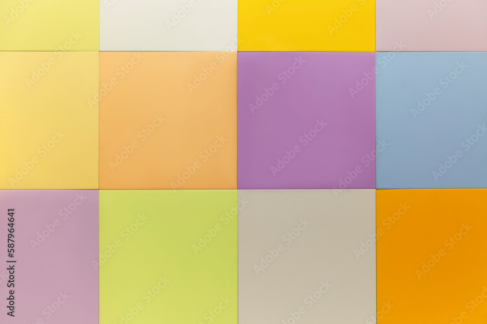 Collage of bright multi-colored ceramic tiles. Modern trends in decor and interior design. Front view. Space for text.