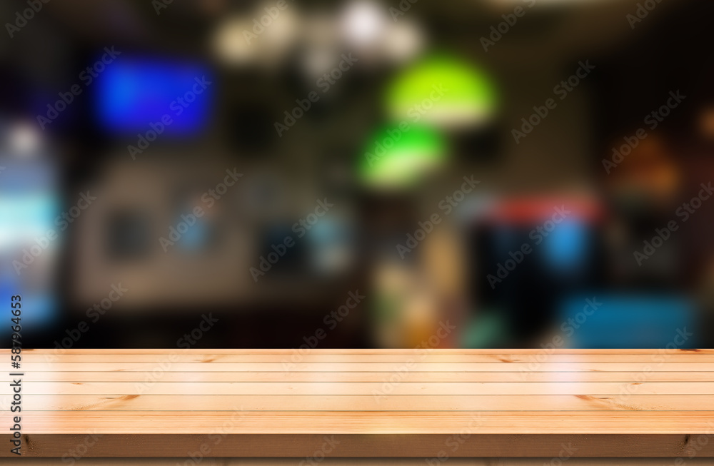 Empty wooden table top with lights bokeh on blur restaurant background. Empty wooden table top with lights bokeh on blur restaurant background.