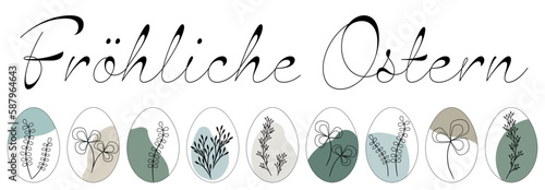 Fröhliche Ostern, Text in deutsch. Vektor Banner mit einer Reihe Ostereiern in floralem und modernem Design.