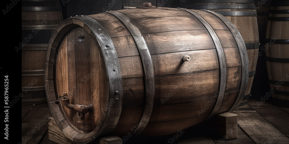 Wooden wine barrel in front of blurred background Generative AI