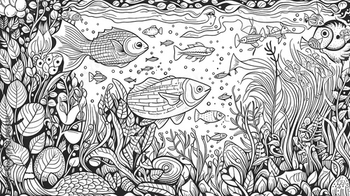 Black and white illustration of fish. Coloring book antistress for children and adults. Illustration isolated on white background - Generative AI technology
 photo