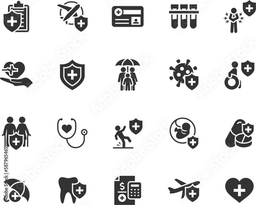 Vector set of medical insurance flat icons. Contains icons insurance life, accident, travel, illness, family, insurance card, medical test and more. Pixel perfect.