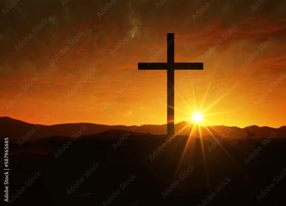 Crucifixion of Jesus Christ at dawn, Silhouette of a cross on a hill at sunset