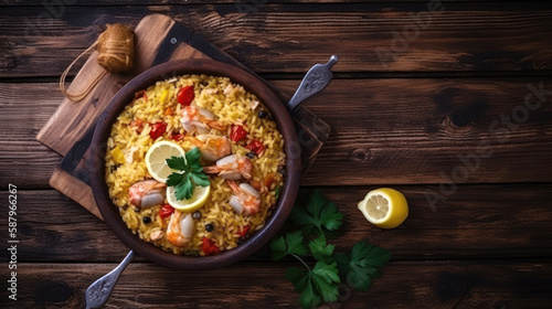 A Bowl with Paella in a Rustic Setting