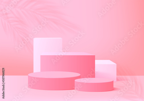 3d background products display podium scene with geometric platform stand to show cosmetic products. Stage showcase on pedestal display pink studio