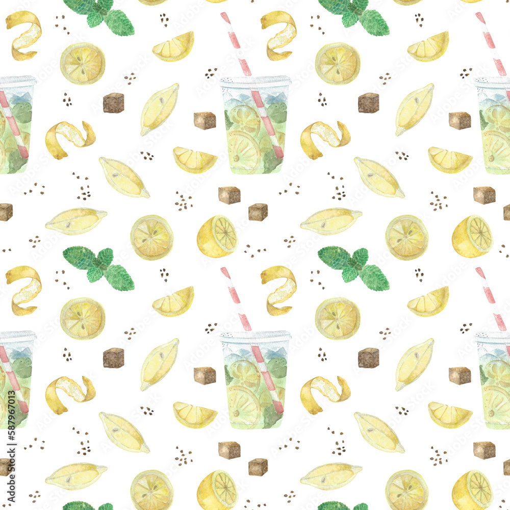 Seemless pattern with lemons, peel, slices, brown sugar and mint. Set for making lemonade. Glass of limonade with ice Seemless pattern with lemons, peel, slices, brown sugar and mint. Set for making lemonade. Glass of limonade with ice