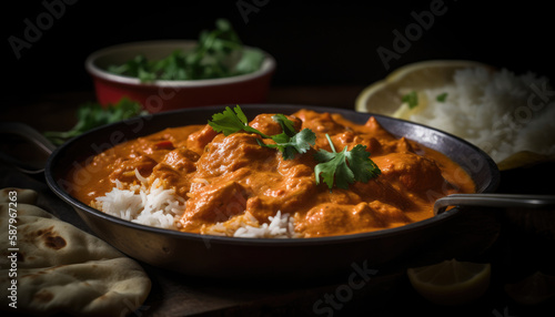 Indian Butter Chiken with rice, naan, pudina on top by generative ai