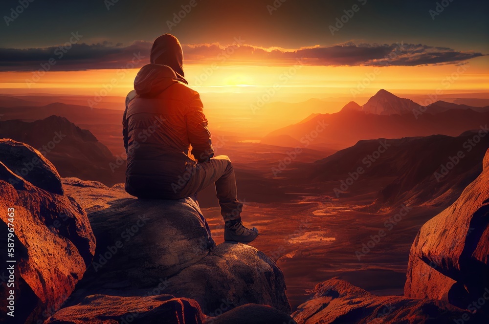 Man Hiking In Mountain Range At Sunset With Open Background Generative AI