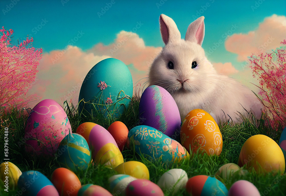 Cute bunny rabbit with colorful Easter Eggs