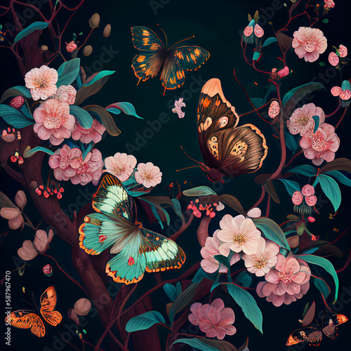 Beautiful Butterflies and flowers in fun wallpaper design. Dark background