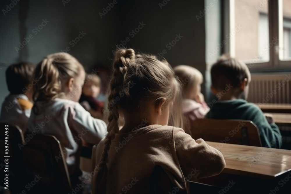 An engaging illustration of a classroom from the back, filled with children eagerly learning and interacting. Ai generated.