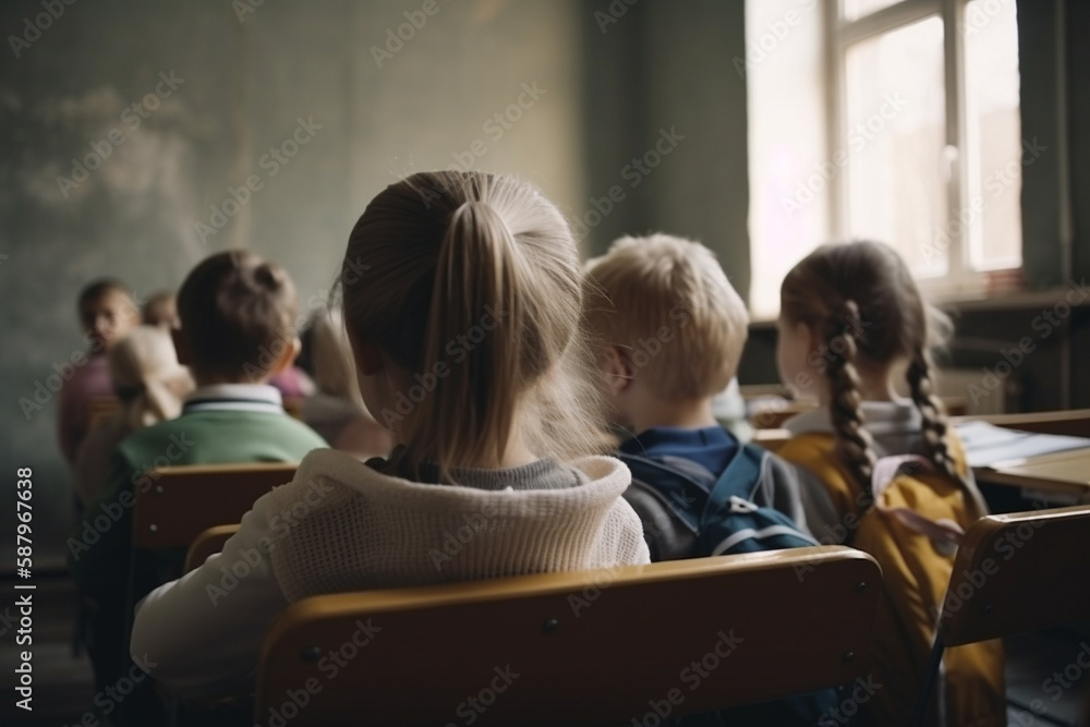 Fototapeta premium An engaging illustration of a classroom from the back, filled with children eagerly learning and interacting. Ai generated.