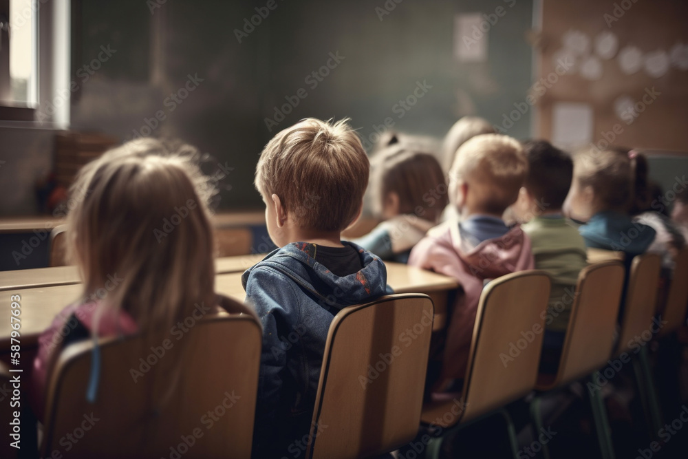 An engaging illustration of a classroom from the back, filled with children eagerly learning and interacting. Ai generated.