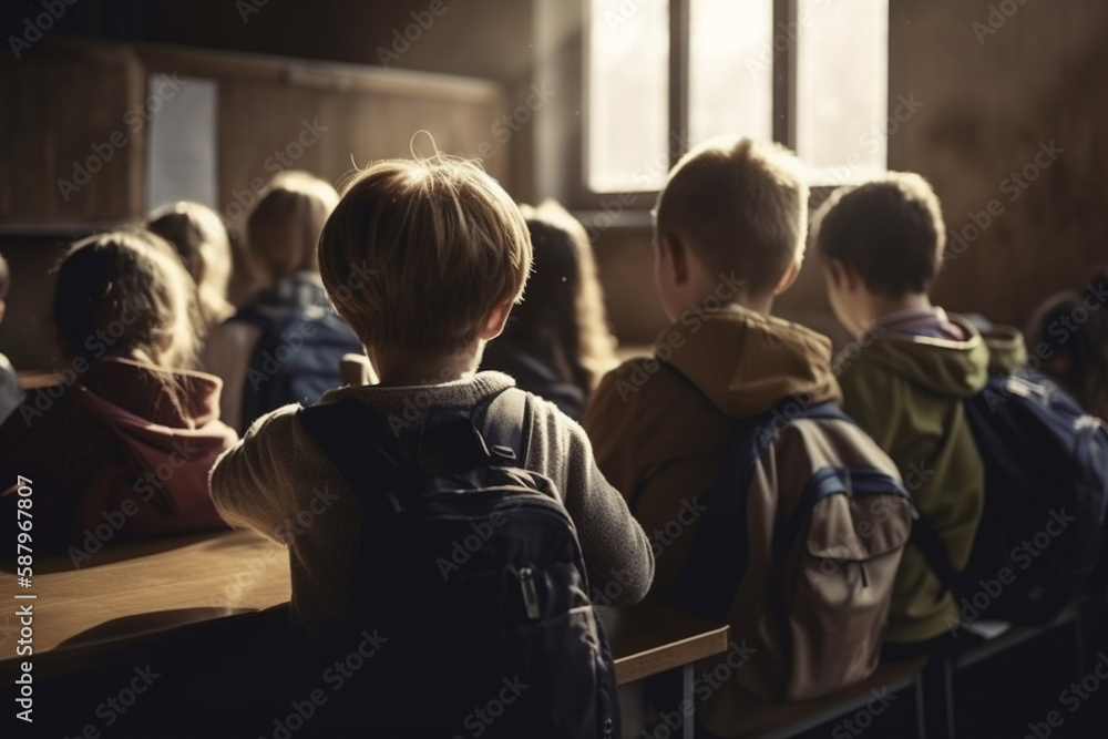An engaging illustration of a classroom from the back, filled with children eagerly learning and interacting. Ai generated. An engaging illustration of a classroom from the back, filled with children eagerly learning and interacting. Ai generated.