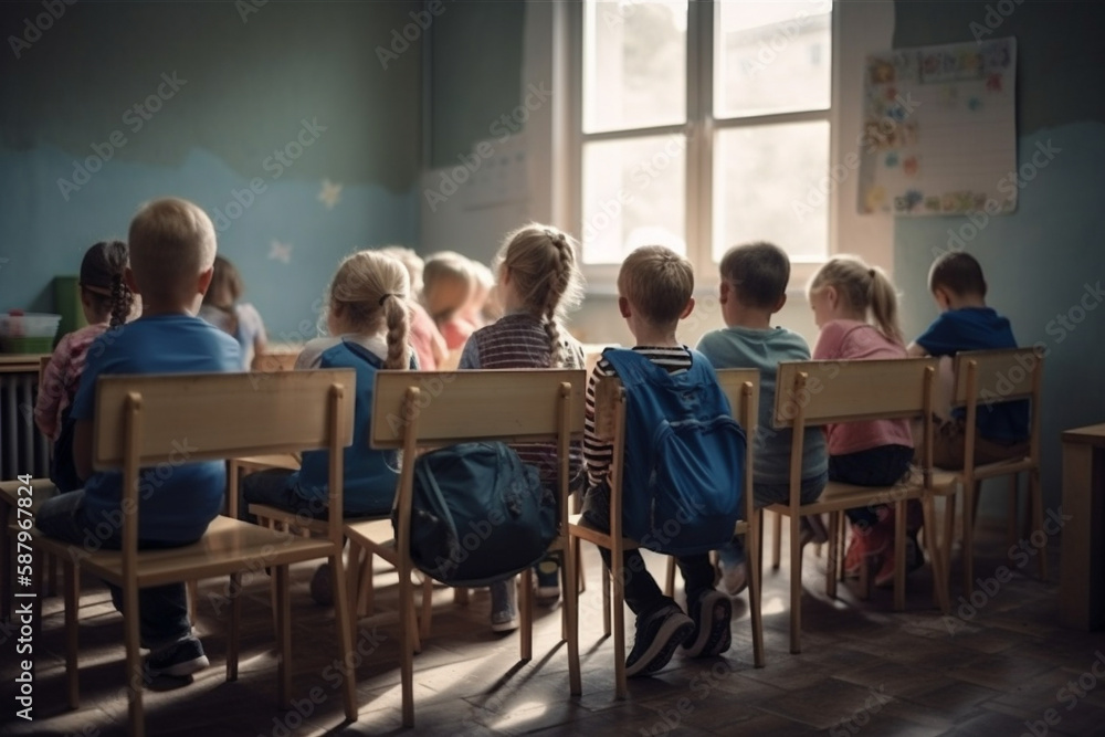 An engaging illustration of a classroom from the back, filled with children eagerly learning and interacting. Ai generated.