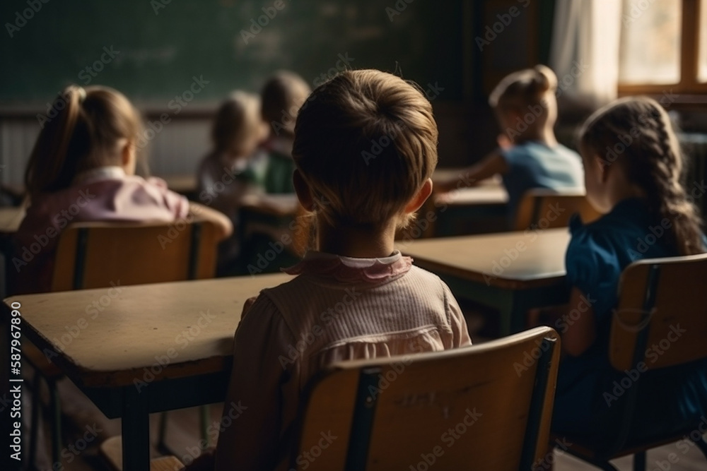 An engaging illustration of a classroom from the back, filled with children eagerly learning and interacting. Ai generated. An engaging illustration of a classroom from the back, filled with children eagerly learning and interacting. Ai generated.