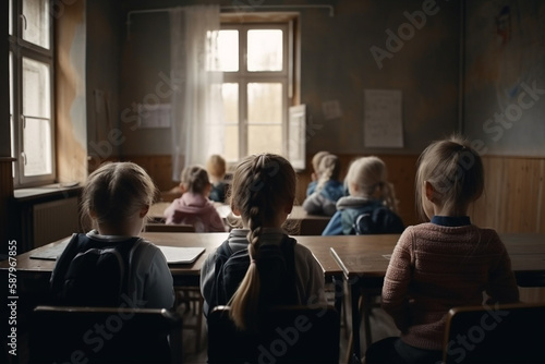 An engaging illustration of a classroom from the back  filled with children eagerly learning and interacting. Ai generated.