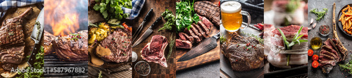 Various types of juicy and fresh grilled and barbecued beef steak meals as a food concept photo