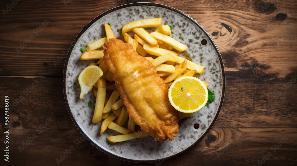 A Plate with Fish & Chips in a Rustic Setting A Plate with Fish & Chips in a Rustic Setting