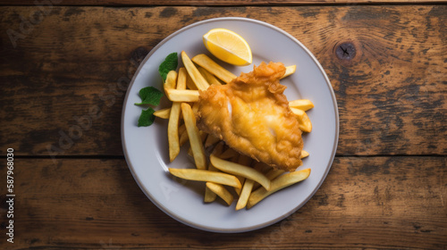 A Plate with Fish & Chips in a Rustic Setting