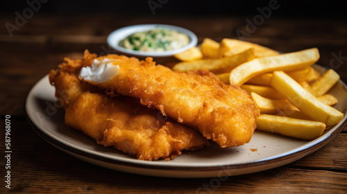 A Plate with Fish & Chips in a Rustic Setting