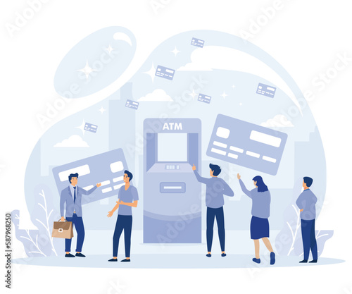 ATM concept. Tiny people waiting in line near atm machine holding credit card and money. Banking terminal. Online payment, flat vector modern illustration