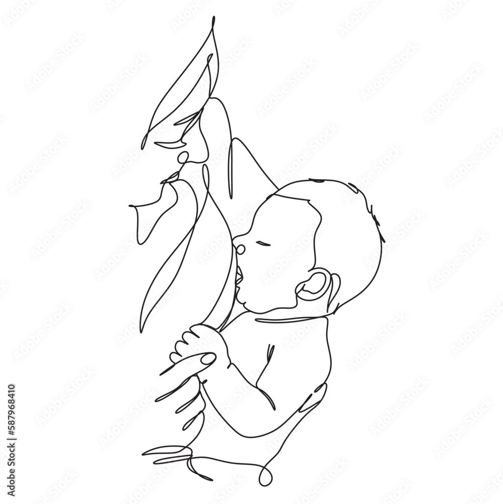 Fototapeta premium Abstract mother with a child in continuous one line drawing art style. Mother`s Day card. Woman hugging her baby. Happy motherhood concept.
