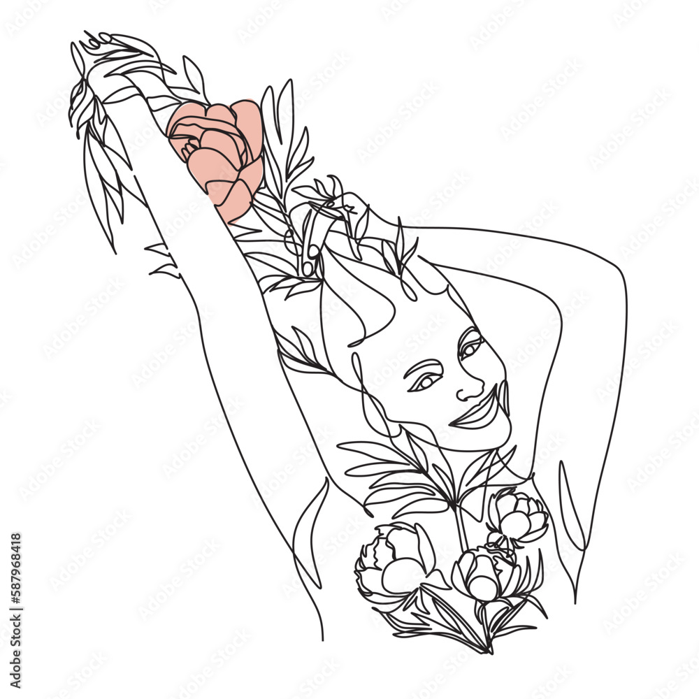 Line Drawing. Abstract woman face with flowers by one line drawing