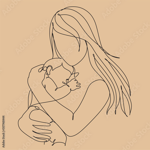 Abstract mother with a child in continuous one line drawing art style. Mother`s Day card. Woman hugging her baby. Happy motherhood concept.