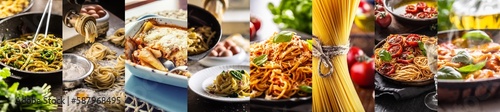Italian pasta meals food concept showing different types of raw, cooked and homemade pasta in set of dishes