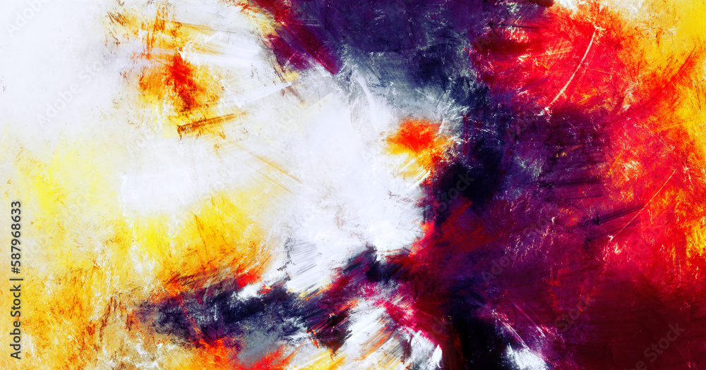 Fototapeta premium Art painting. Abstract texture. Red, orange, yellow dynamic background. Bright artistic splashes. Modern pattern. Fractal artwork for creative