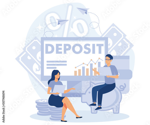 Deposit concept. Longterm money saving finance. Tiny people put money in bank safe with dollars. Bank account, banking, bank security, safety, money tree, flat vector modern illustration