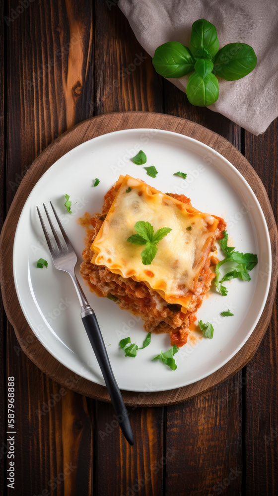 A Plate with a Slice of Lasagna in a Rustic Setting A Plate with a Slice of Lasagna in a Rustic Setting