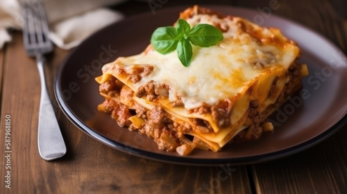 A Plate with a Slice of Lasagna in a Rustic Setting