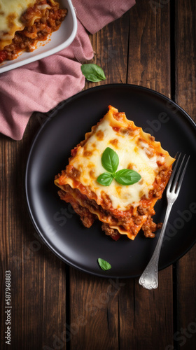 A Plate with a Slice of Lasagna in a Rustic Setting