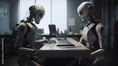 Two humanoid robots are sitting at the table, created with Generative AI technology