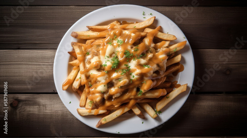 A Plate with Poutine in a Rustic Setting