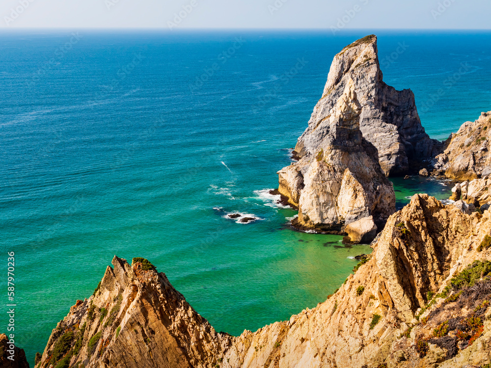 Wonderful view of Praia da Ursa (bear beach) and its huge rocky formations Ursa and Gigante stones, Cabo da Roca cape, Portugal