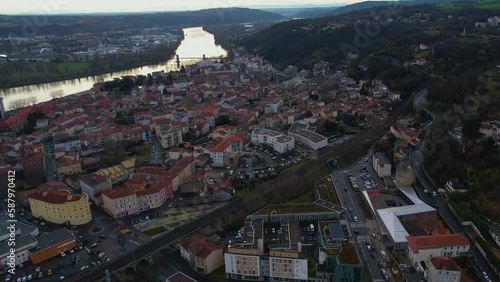 Aerial view of the city Givors in France on an early morning in late winter. photo