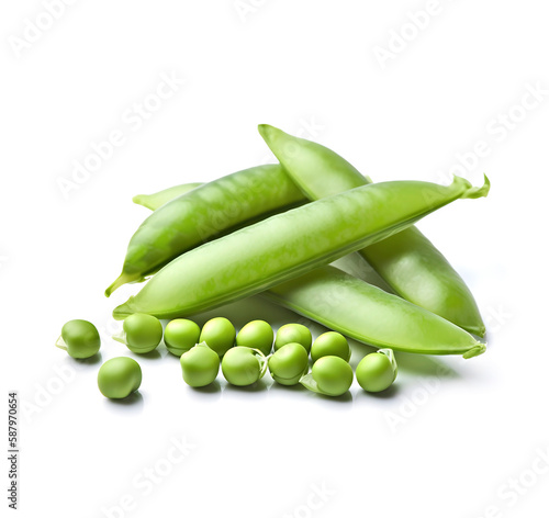 Young green peas on a white background. Come AI generated.