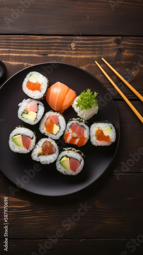 A Plate with Sushi in a Rustic Setting