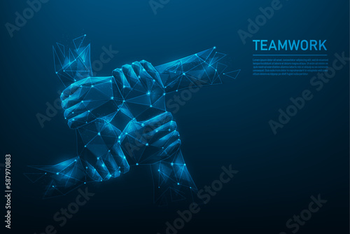 hand teamwork low poly wireframe on blue dark background.  people friendship support to success. consist of lines, dots and triangle. vector illustration in fantastic digital design.