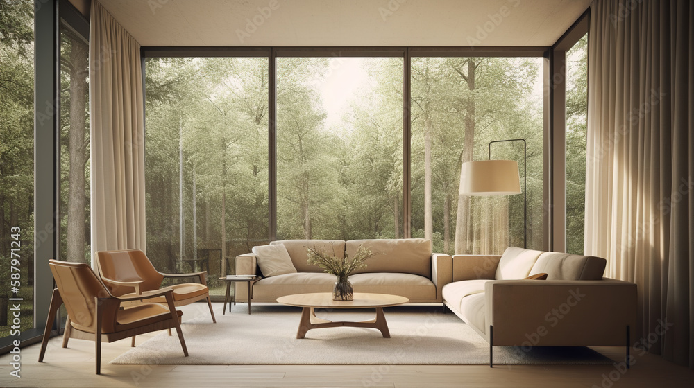 Fototapeta premium interior living room with large windows and overlooking the forest views, generative ai